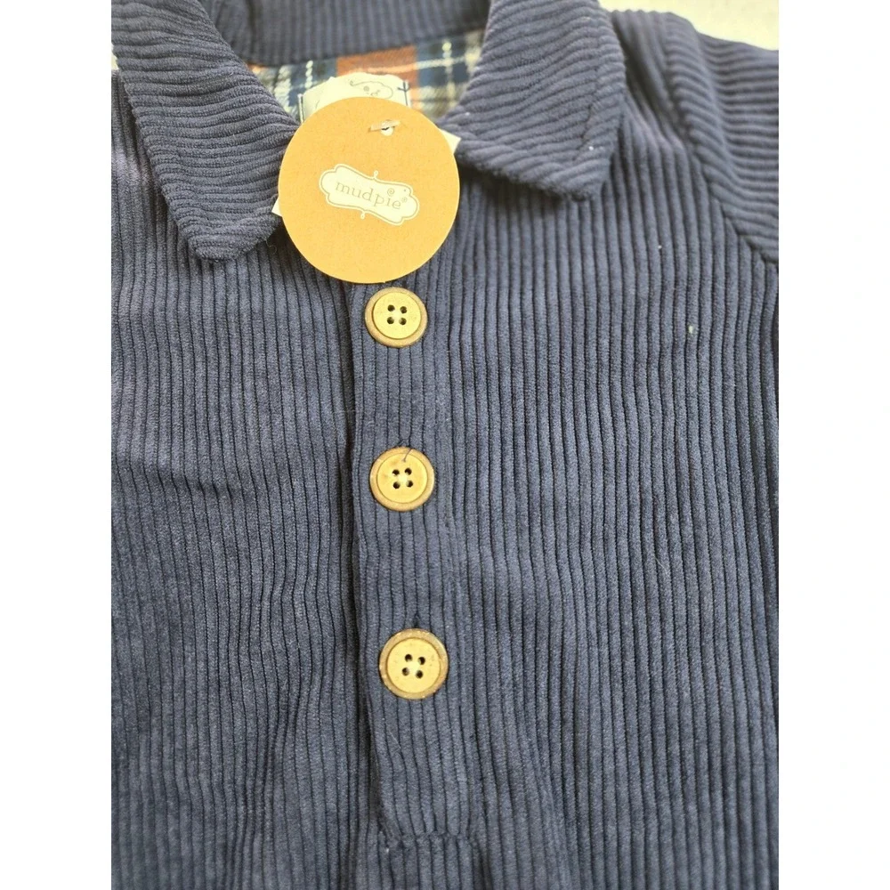 Mud Pie Baby Boy Navy Blue Corduroy Plaid Lined Long Sleeve Romper 3-6M NWT